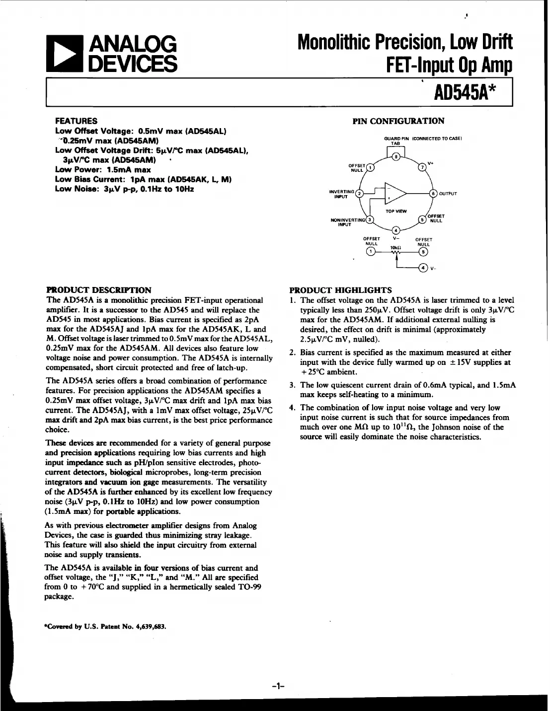 ad545a Datasheet Page 1