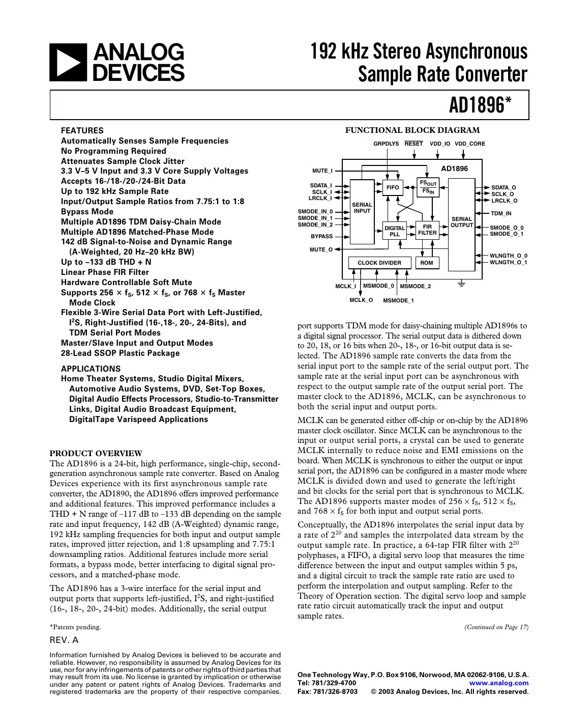 ad1896 Datasheet Page 1