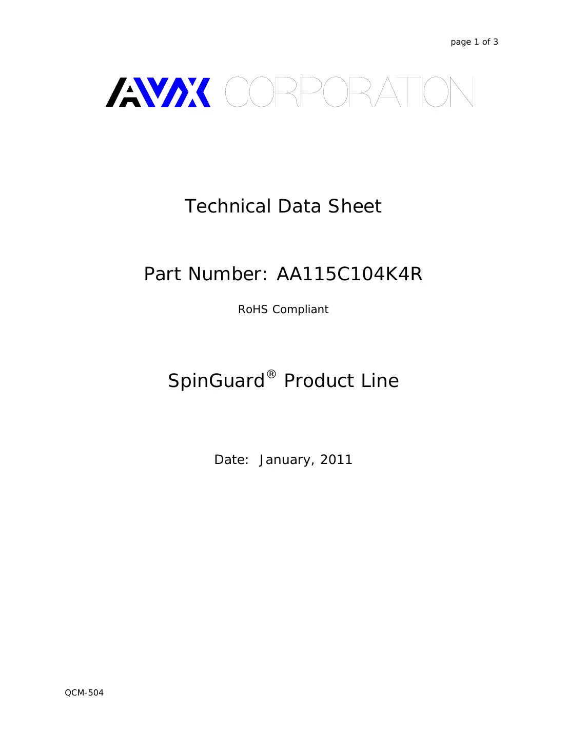 aa115c104k4r Datasheet Page 1