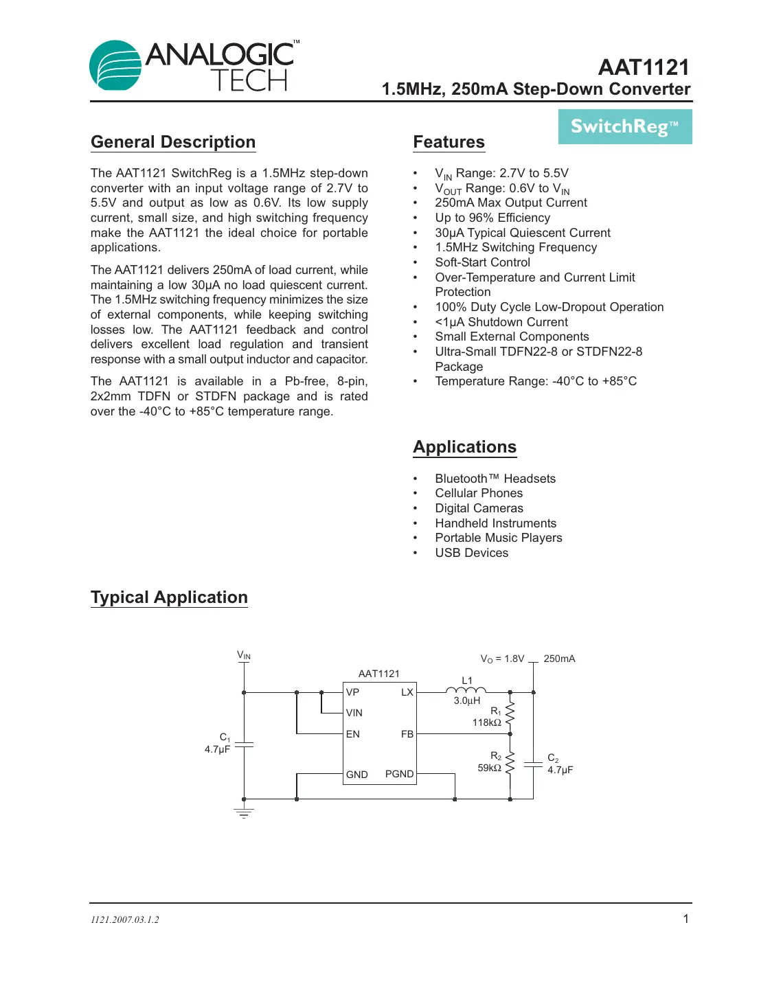 aat1121 Datasheet Page 1