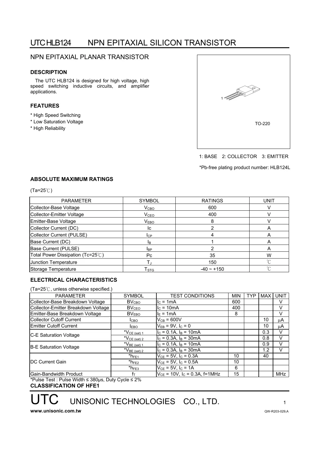 hlb124-to-220 Datasheet Page 1