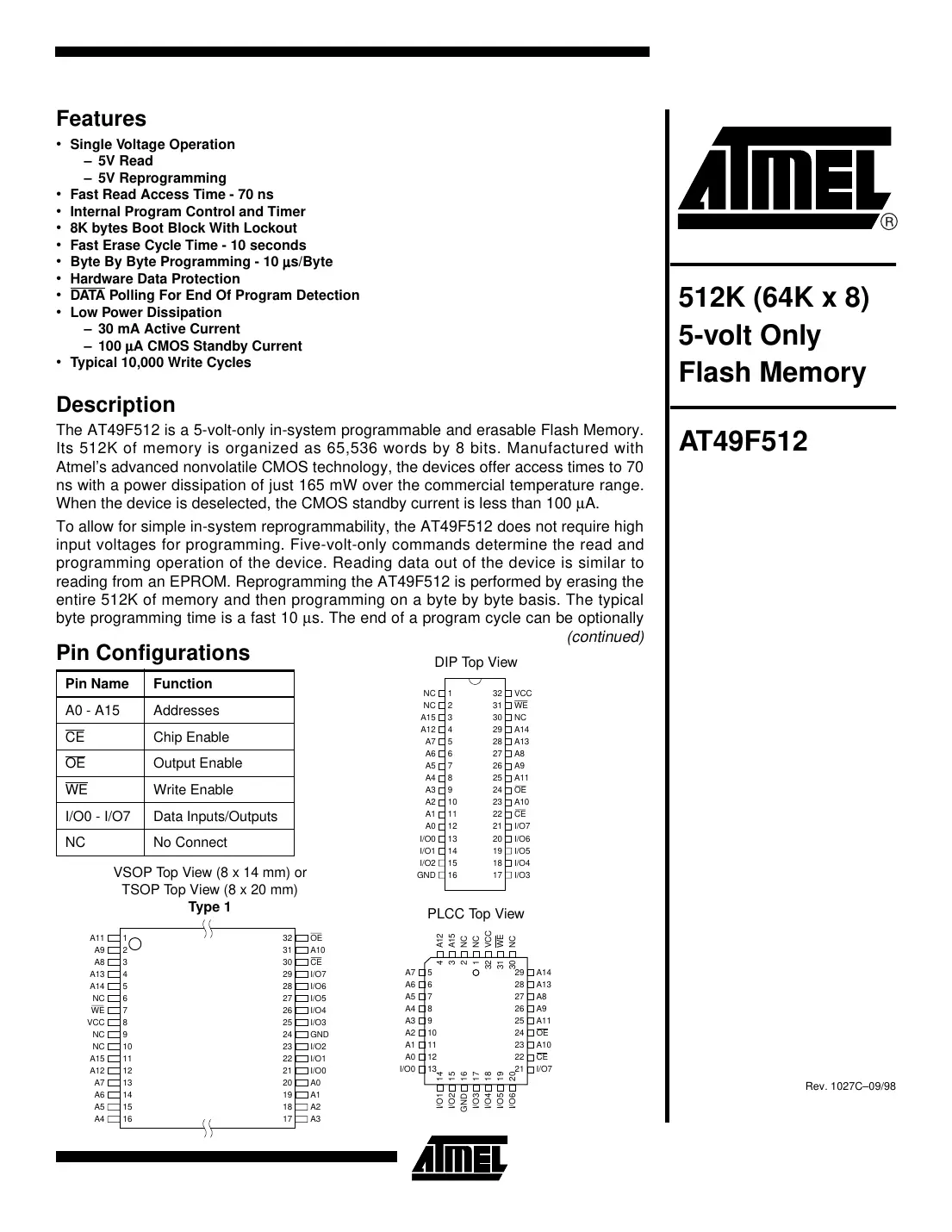 at49f512 Datasheet Page 1