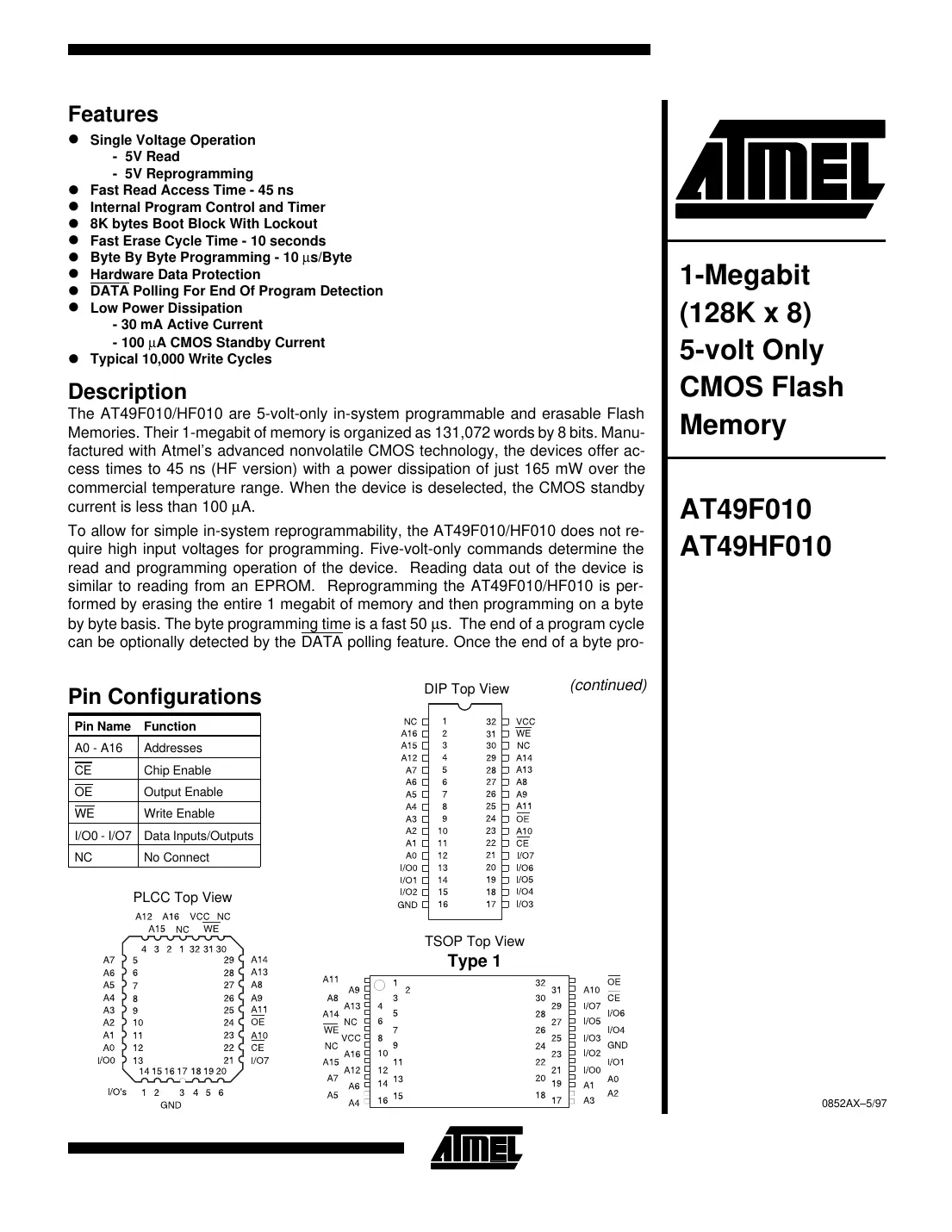 at49f010 Datasheet Page 1