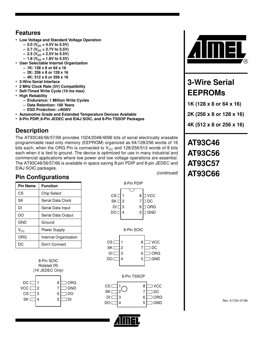 at93c46 Datasheet Page 1