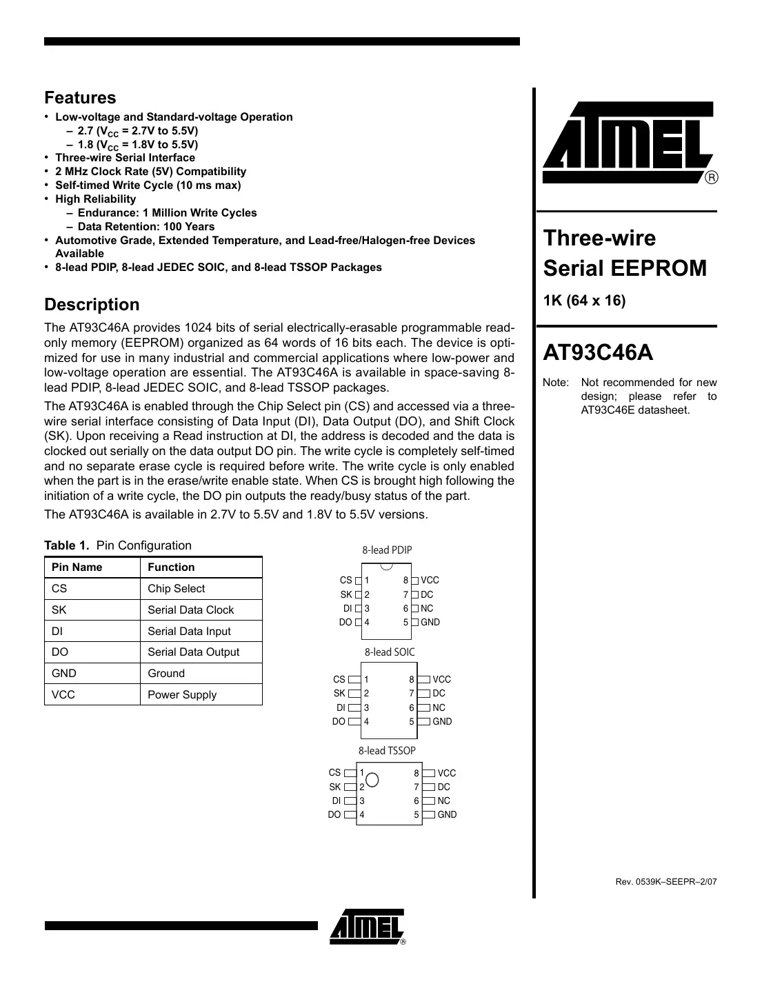 at93c46a Datasheet Page 1