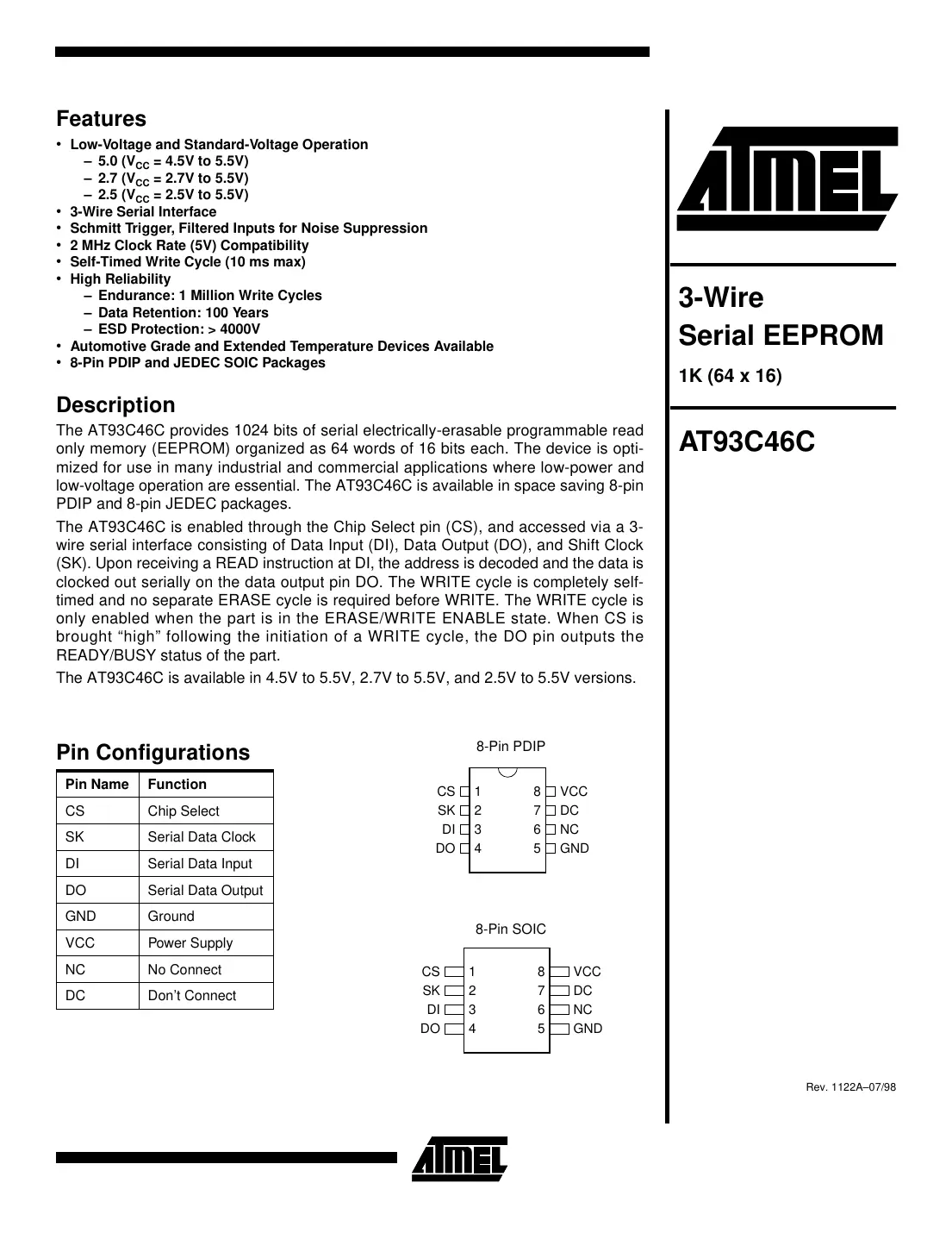 at93c46c Datasheet Page 1