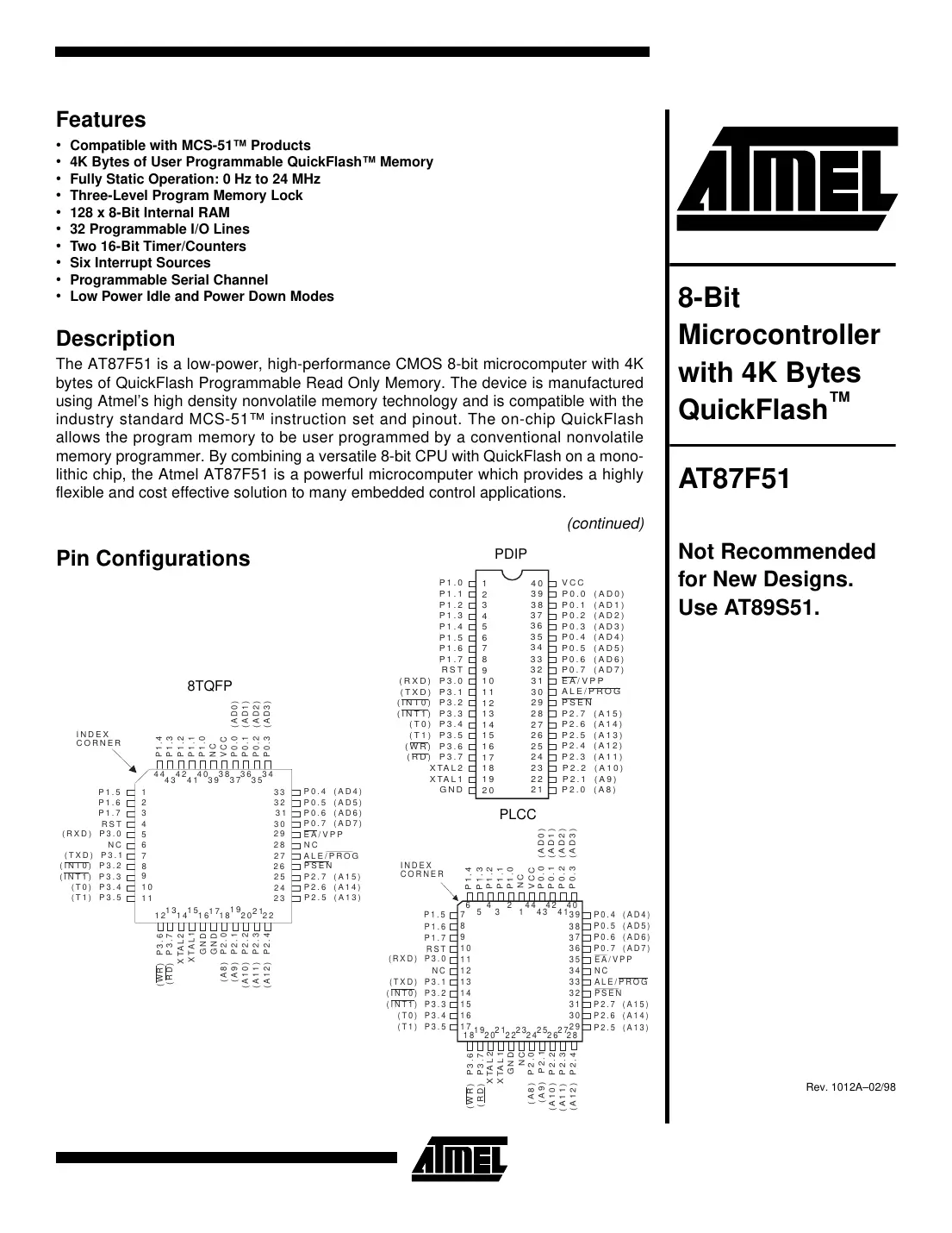 at87f51 Datasheet Page 1