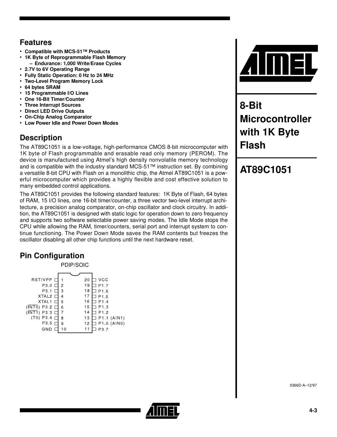 at89c1051 Datasheet Page 1