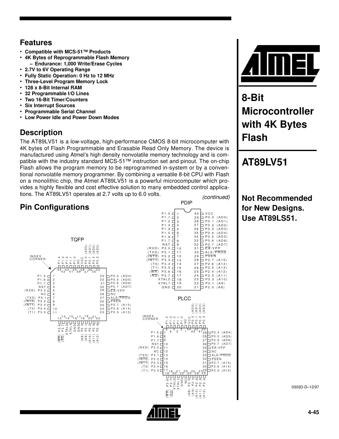 at89lv51 Datasheet Page 1