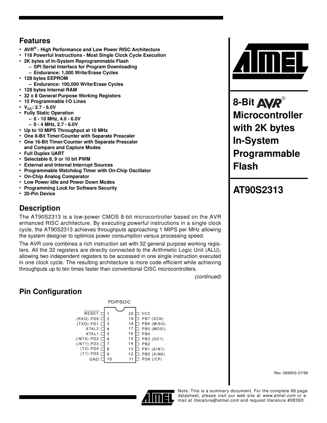 at90s2313 Datasheet Page 1