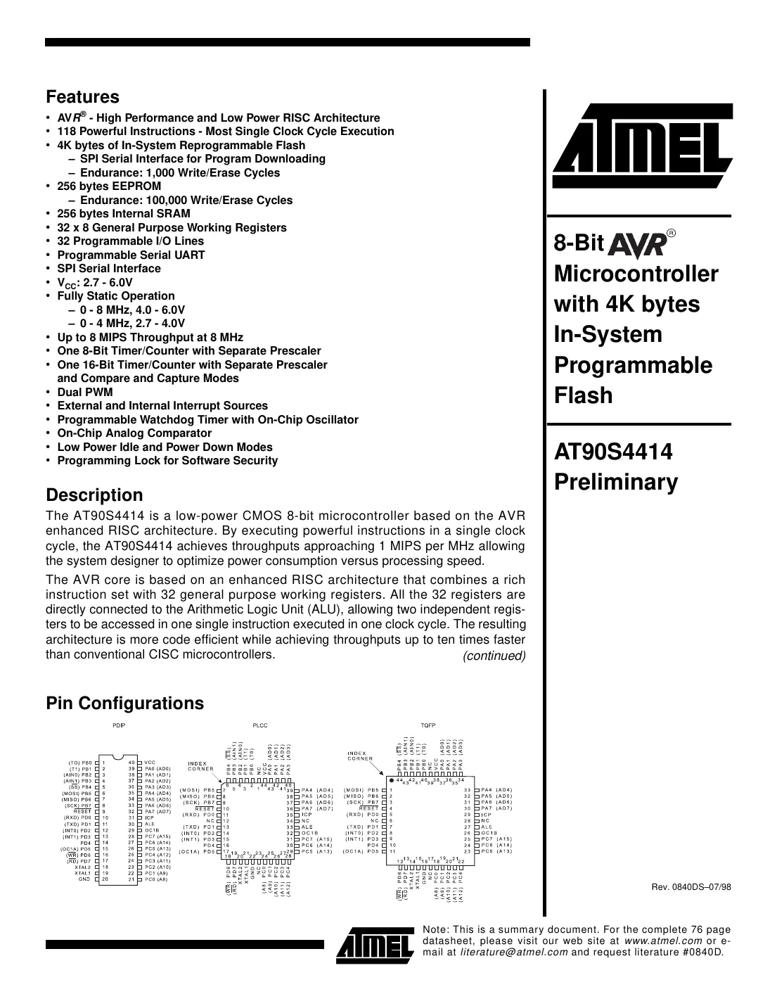 at90s4414 Datasheet Page 1
