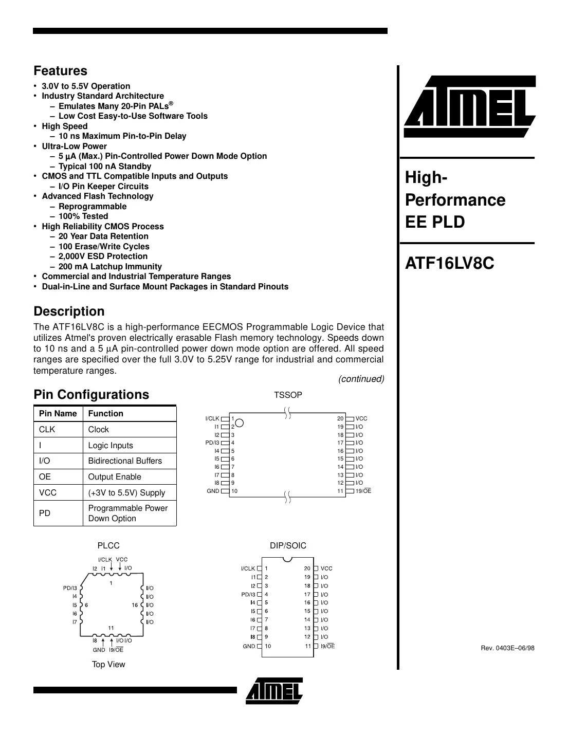 atf16lv8c Datasheet Page 1
