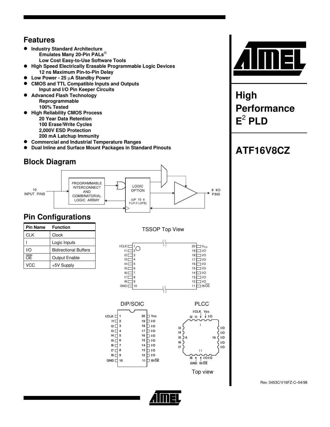 atf16v8cz Datasheet Page 1