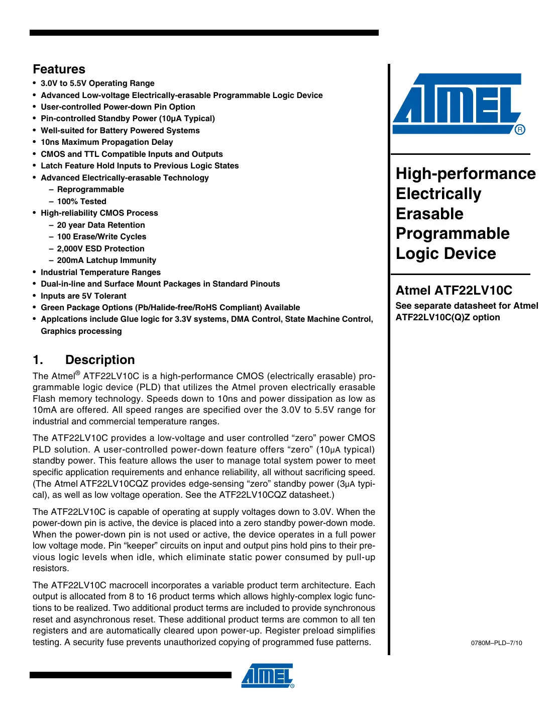 atf22lv10c Datasheet Page 1