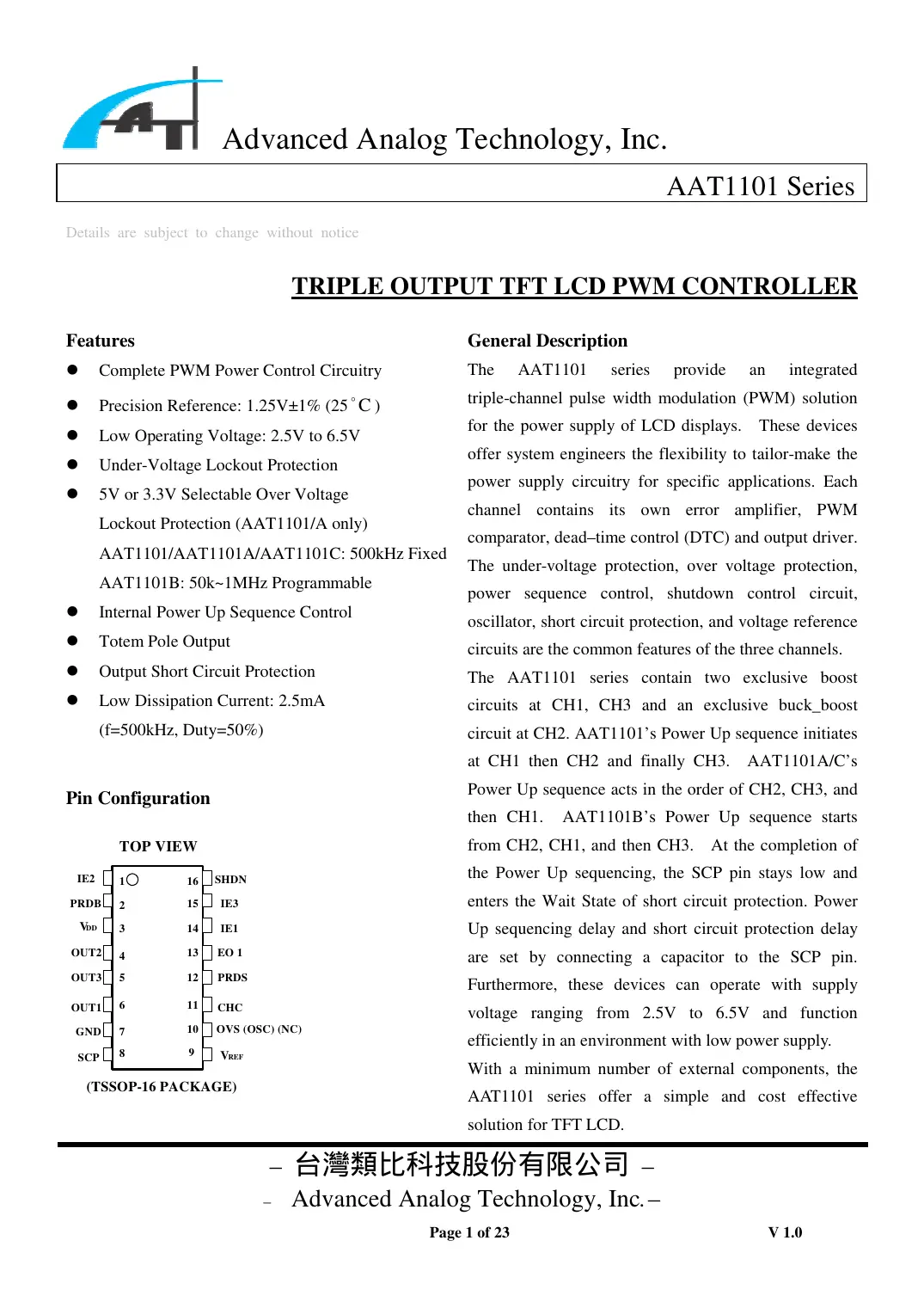 aat1101 Datasheet Page 1