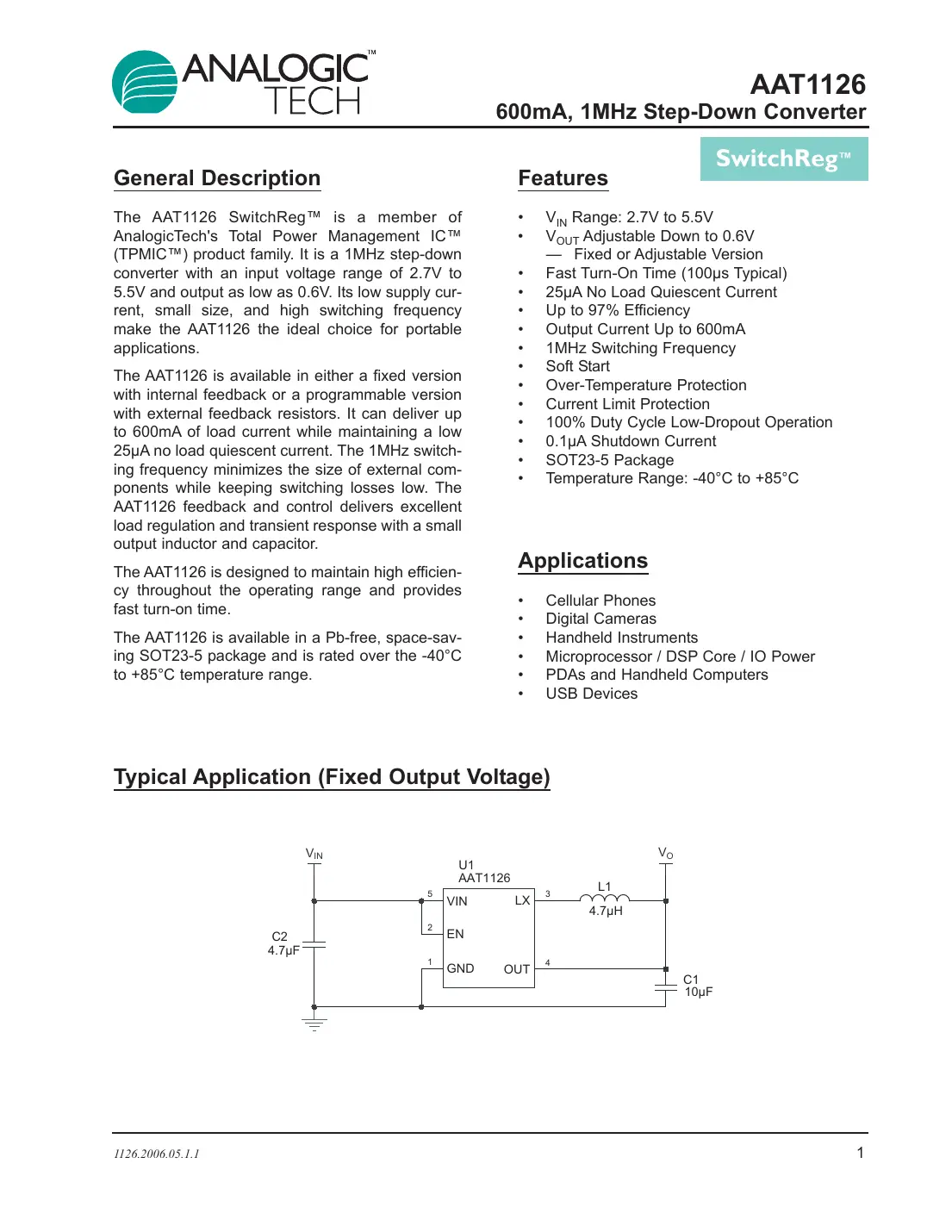 aat1126 Datasheet Page 1