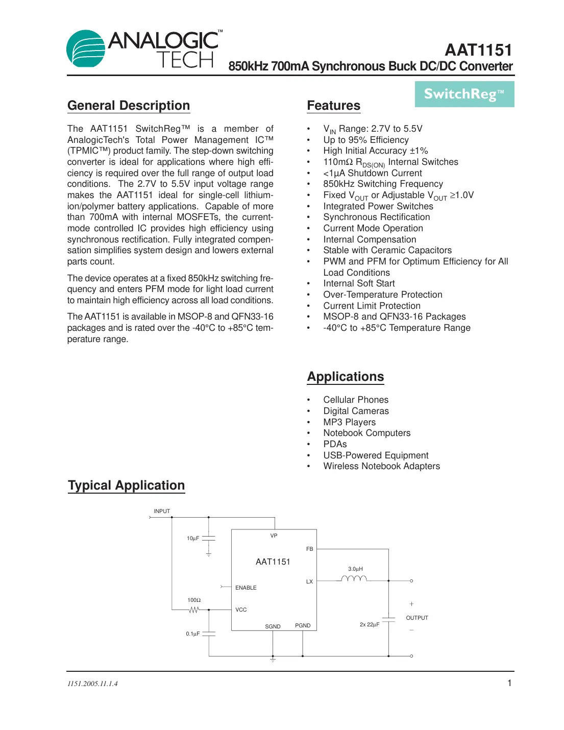 aat1151 Datasheet Page 1