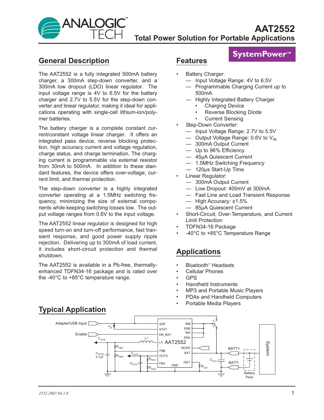 aat2552 Datasheet Page 1