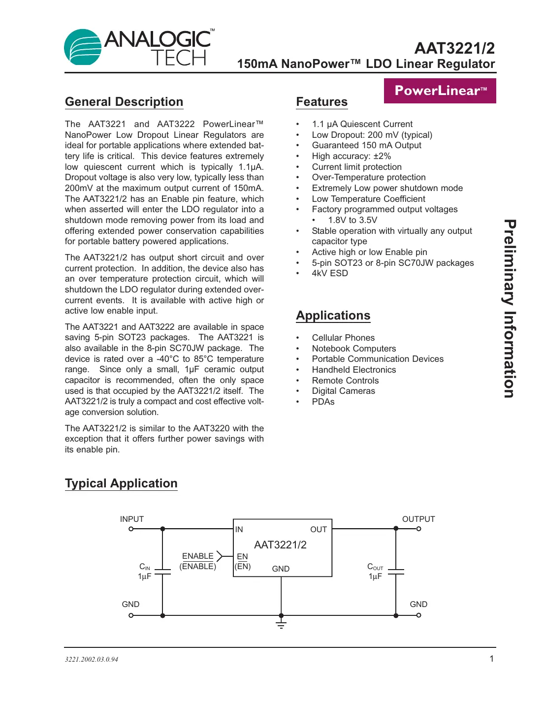aat3221 Datasheet Page 1